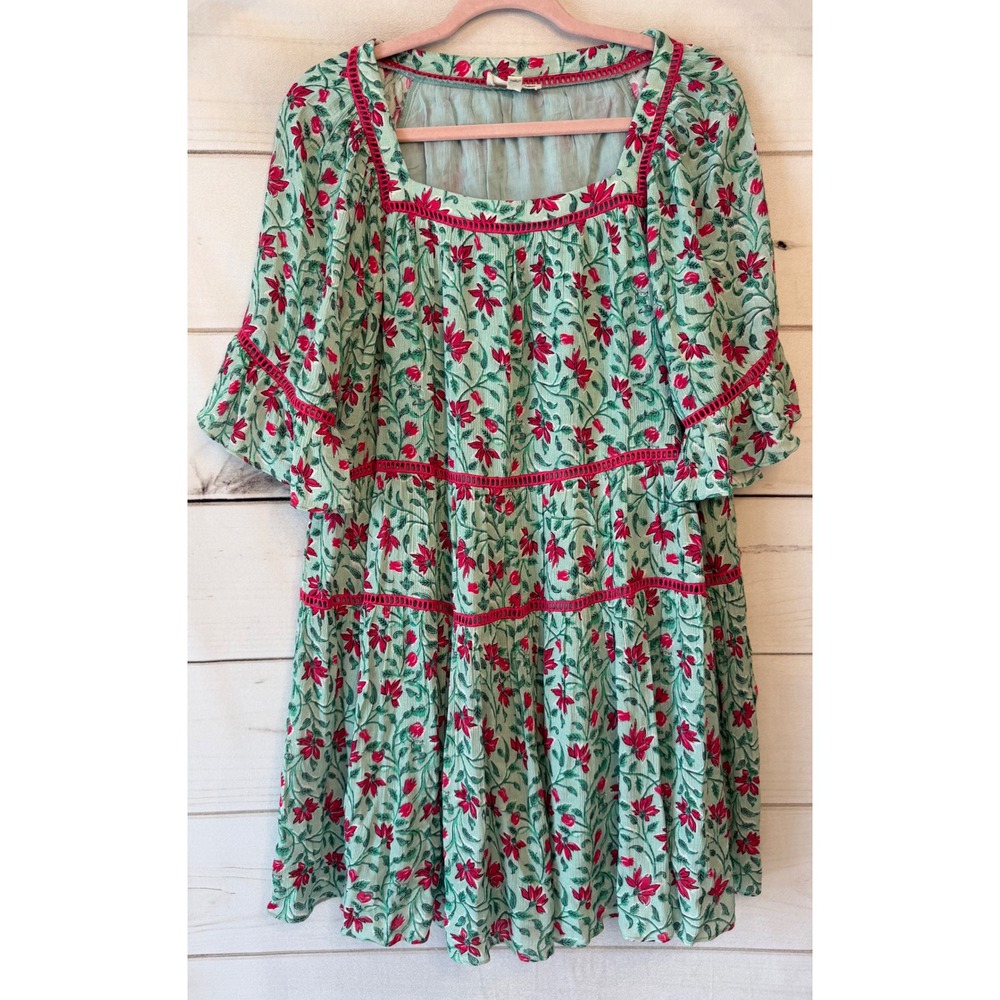 Celina Moon Floral Tiered Babydoll Dress Pink Green Crochet Trim Size M